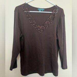 Ralph Lauren Brown Lace V-Neck Women's Top boho romantic.